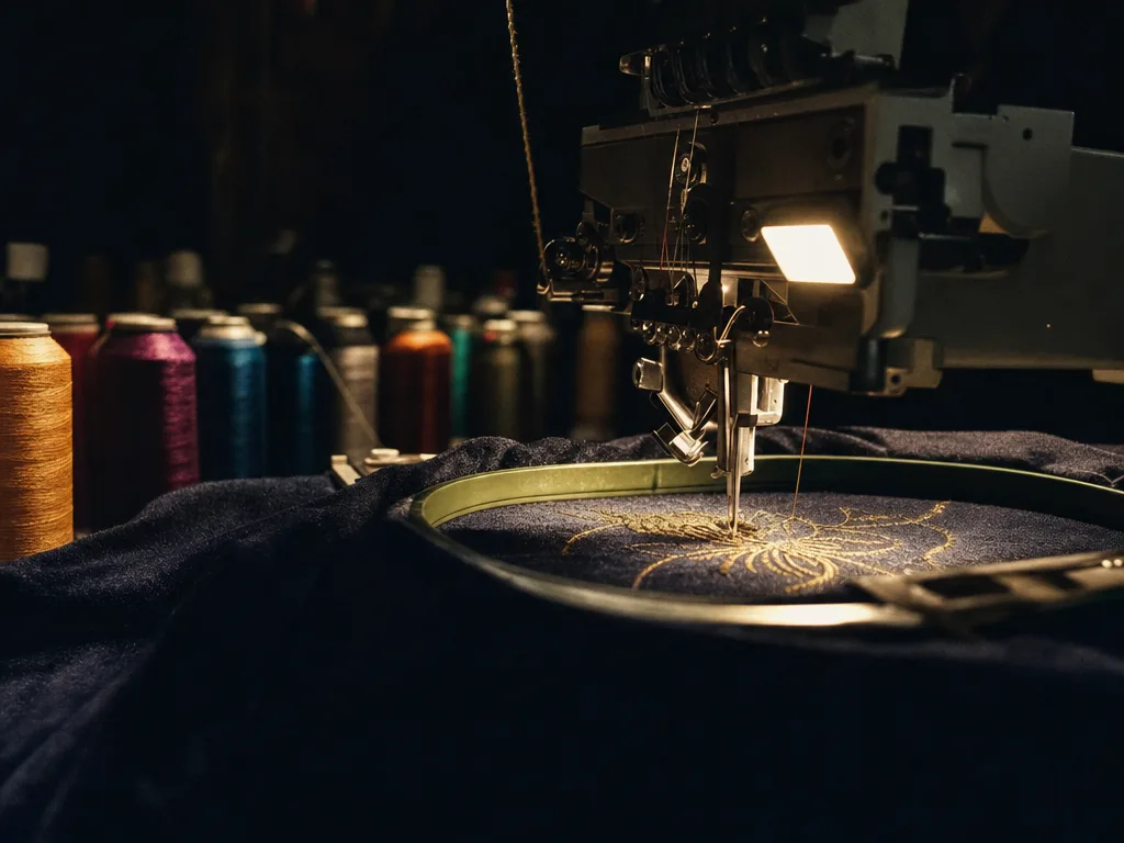 Acul mașinii de brodat coase la lumină caldă un desen de copil pe pânză indigo, în atelier, noaptea