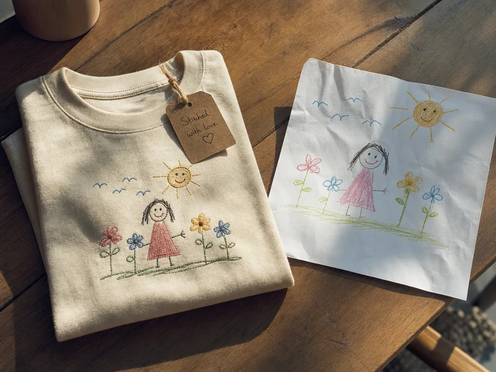 Tricou brodat, împăturit lângă desenul original și o etichetă din carton kraft