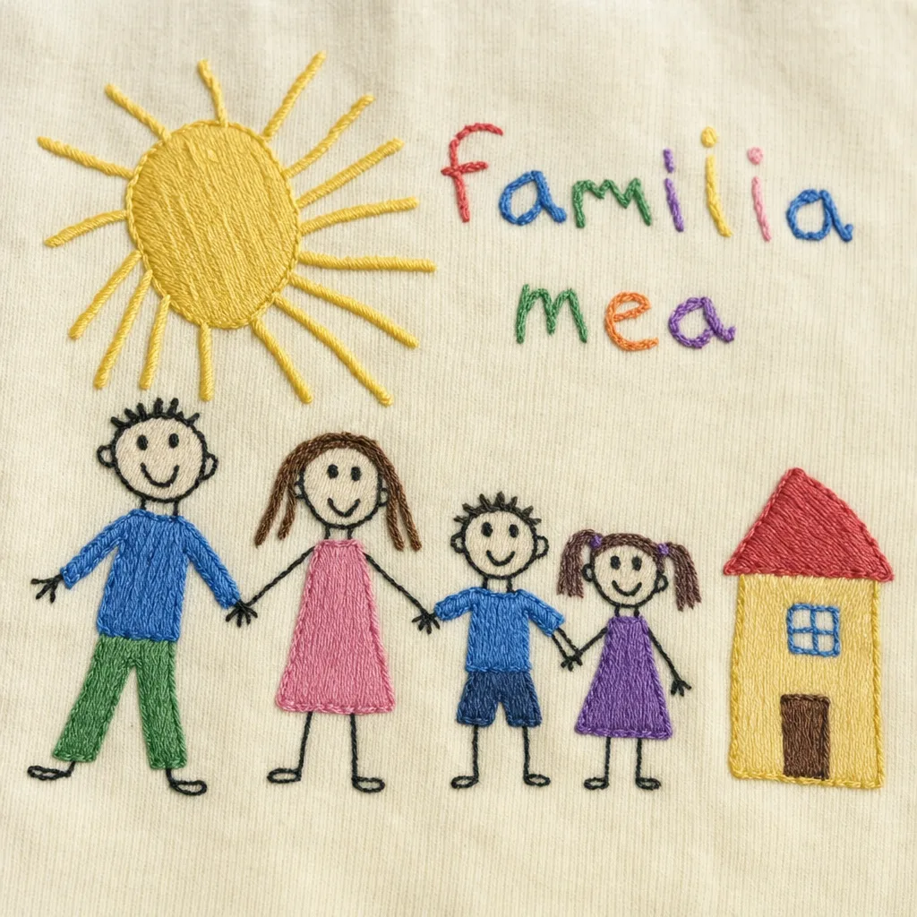 Broderia finală: familia desenată de copil, cusută pe material textil