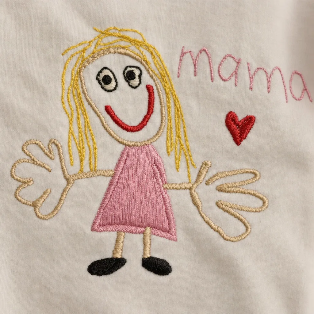 Broderia finală: portretul mamei cusut cu ață de bumbac pe material textil
