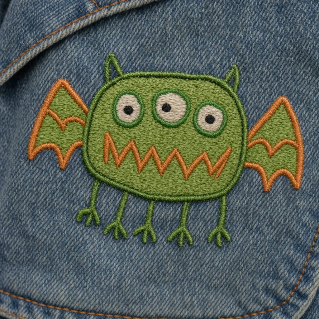 Broderia finală: monstrul imaginar desenat de copil, cusut pe material textil