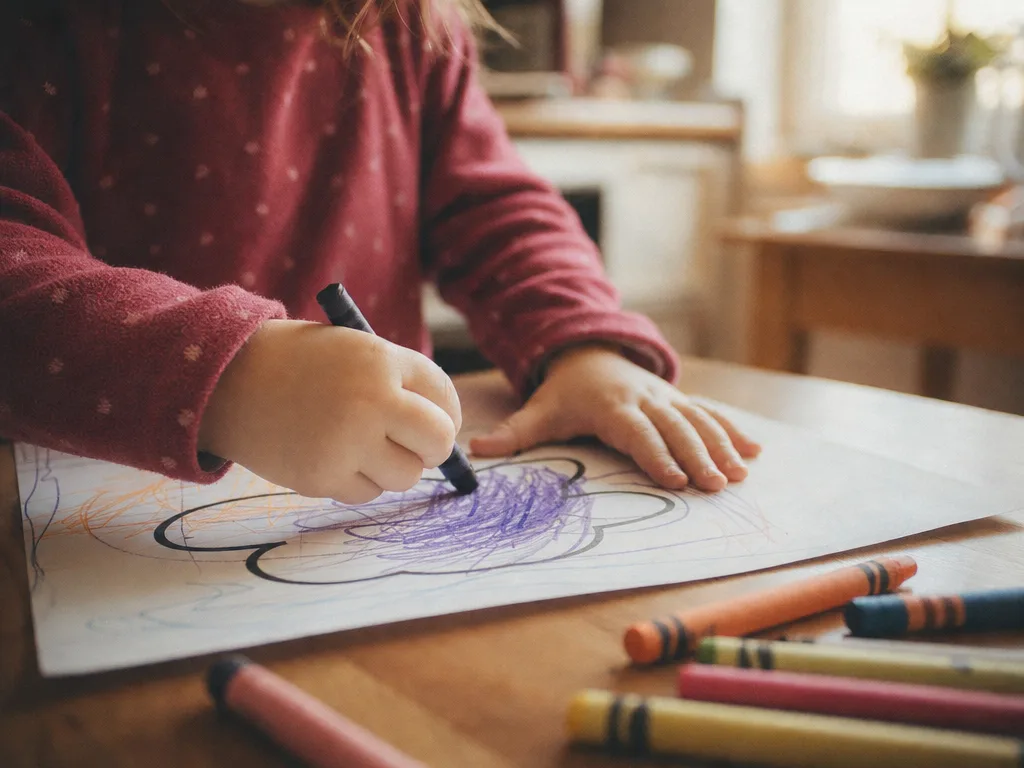 Mâinile unui copil desenând cu creioane cerate pe o foaie de hârtie