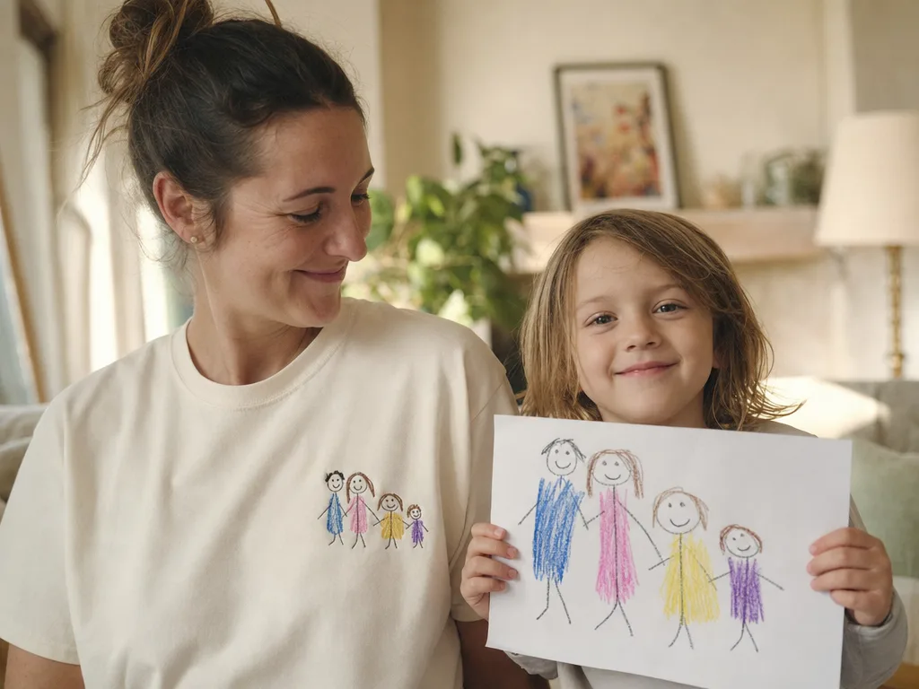 O mamă poartă un tricou cu desenul brodat, iar copilul ține în mână desenul original