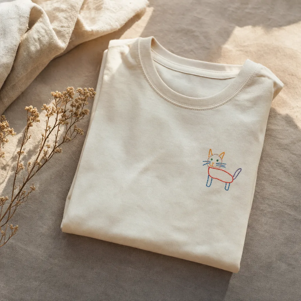 Tricou alb din bumbac cu desen de copil brodat pe piept